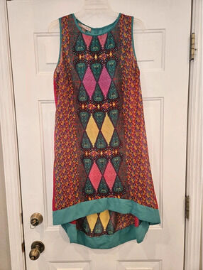 Love21 sleeveless dress sheer high-low hem geometric boho colorful pattern large